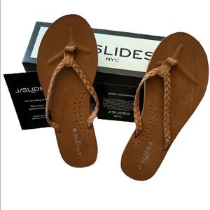 J/SLIDES "NADIA" Cognac Leather (brown) flip flop sandals NEW NIB 8M